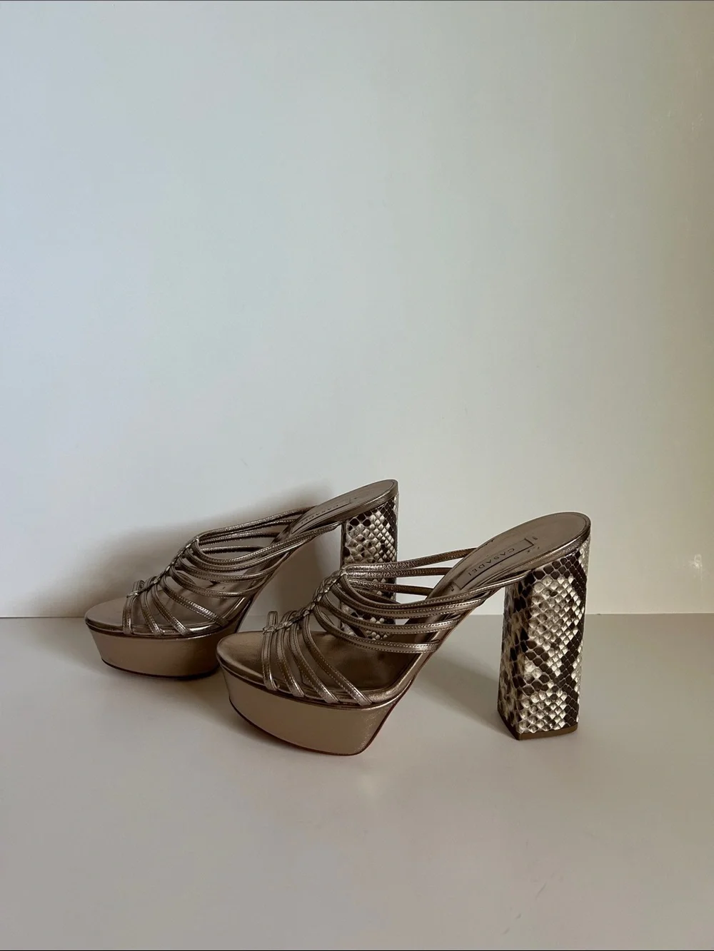 Metallic Gold Strappy Platform Heels with Snake-Print Block Heel